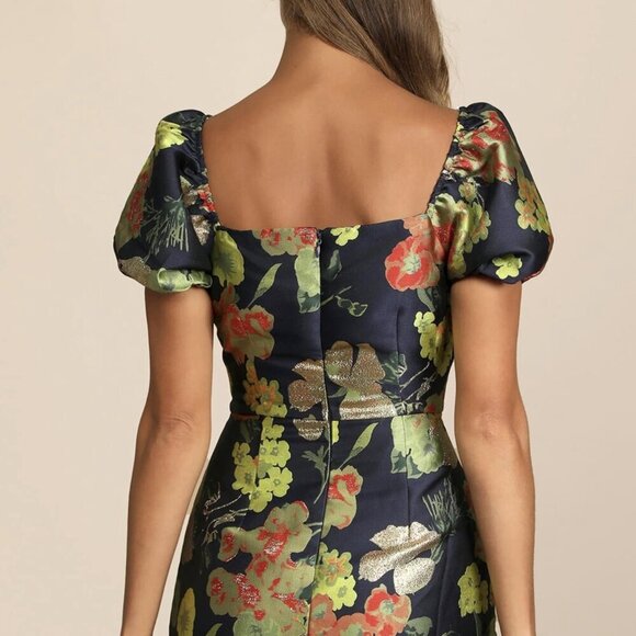 NWT Lulus So Stunning Navy Blue Floral Jacquard Puff Sleeve Mini Dress​ - Picture 5 of 16